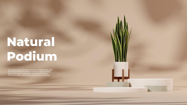 3D-renderingsjabloon mockup wit groen podium in landschap met slangenplant en bruine achtergrond