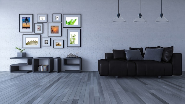 3d renderingu wizerunek 2019 drewnianej półki na białym ściana z cegieł.