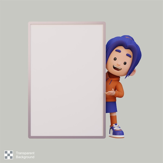 3d-renderöidä tyttöhahmo, joka pitää tyhjää kylttiä