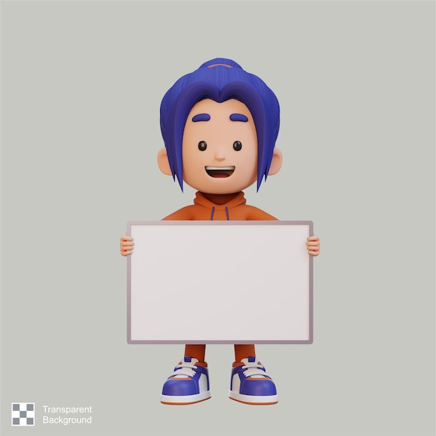 3d-renderöidä tyttöhahmo, joka pitää tyhjää kylttiä