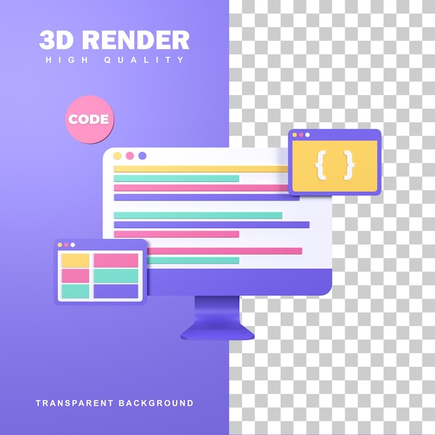 3D-renderöinti verkkokehityskonsepti koodausprosessilla.