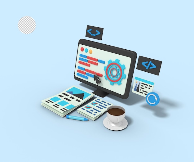 3d-renderöity kuvitus verkkosivuston kehittäjästä tietokoneella