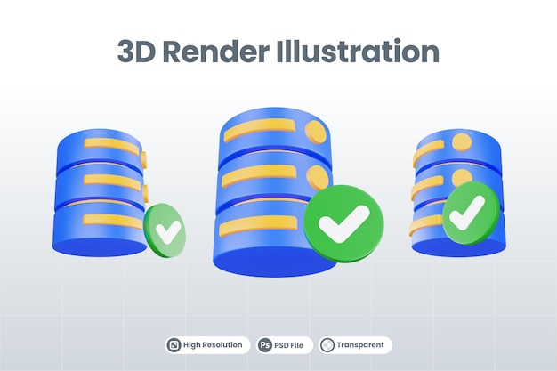 3D-renderöity tietokantapalvelimen kuvake valintamerkkikuvakkeella eristettynä