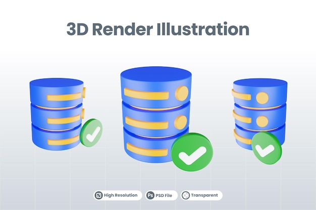 3D-renderöity tietokantapalvelimen kuvake valintamerkkikuvakkeella eristettynä