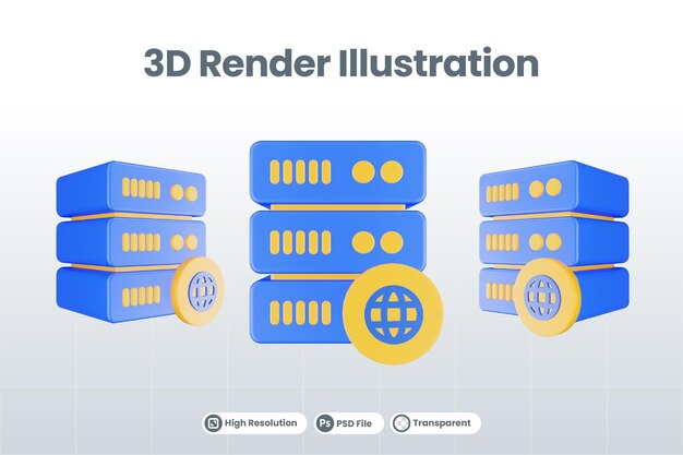 3D-renderöity tietokantapalvelinkuvake, jossa web-kuvake eristettynä