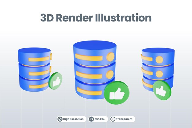 3D-renderöity tietokantapalvelinkuvake tykkää-kuvakkeella, eristettynä