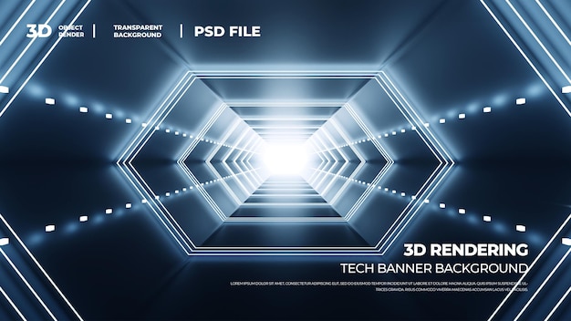 3d-renderöity tunnelimainen tausta, jossa on pitkät valaistut tekniikkalinjat ja kerroksittainen HD PSD