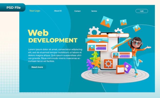 3d-renderöity verkkosivun aloitussivun Web Designing -kuvitus