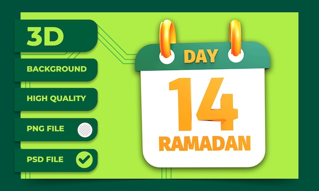 PSD 3d renderowania 14 dni kalendarza ramadan na post muzułmański
