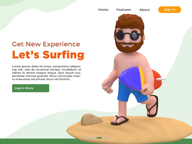 3d Renderowania Letniej Ilustracji Mężczyzny Biegnącego Niosącego Deskę Surfingową Na Plaży