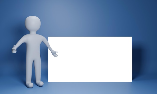 3D renderowania postaci gliny jako prezentera, pokazując kciuki w górę i pusty biały papier lub tablica na niebieskim tle