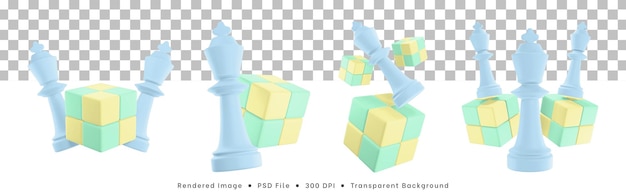 3d Renderowania Zestaw Ikon Szachów Z Kostką Puzzle