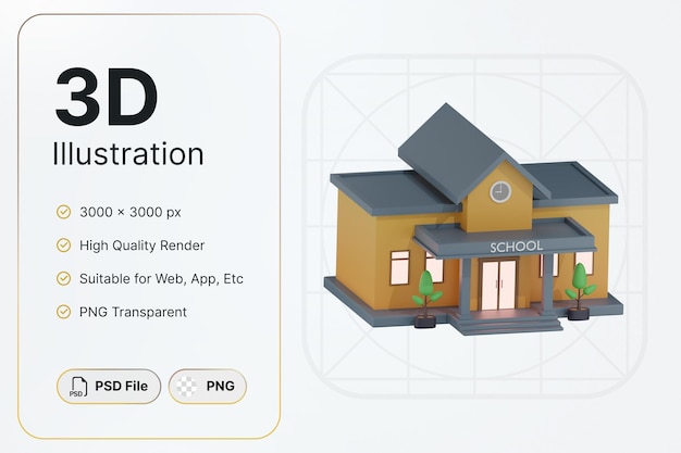 3D Renderowania Żółty Budynek Szkoły Kąt Lewy Koncepcja Nowoczesny Design