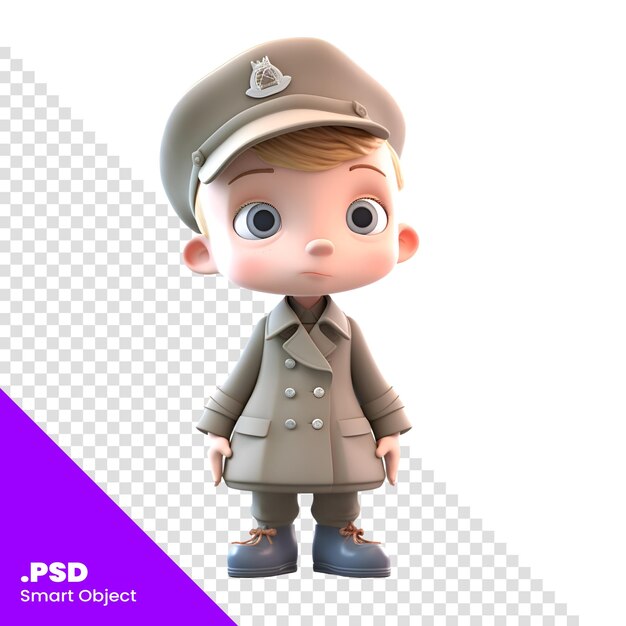 PSD 3d renderowanie chłopca w mundurze wojskowym z szablonem psd czapki