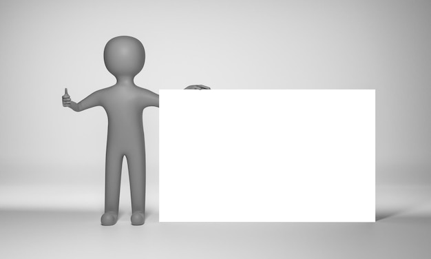 3D Renderowanie Człowieka Gospodarstwa Pusty Biały Papier Lub Zarząd I Wyświetlono Kciuki Na Szarym Tle
