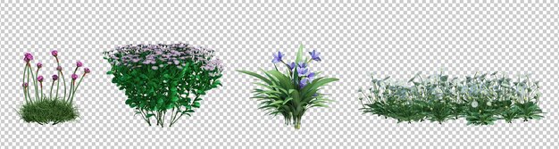 3d renderowanie krzewów i kwiatów izolowane cięcie tła