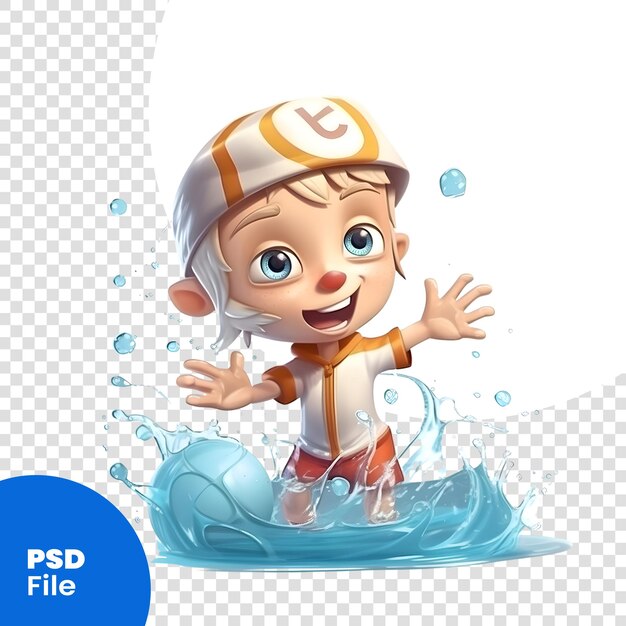 PSD 3d renderowanie słodkiego małego chłopca pływającego w wodzie szablon psd