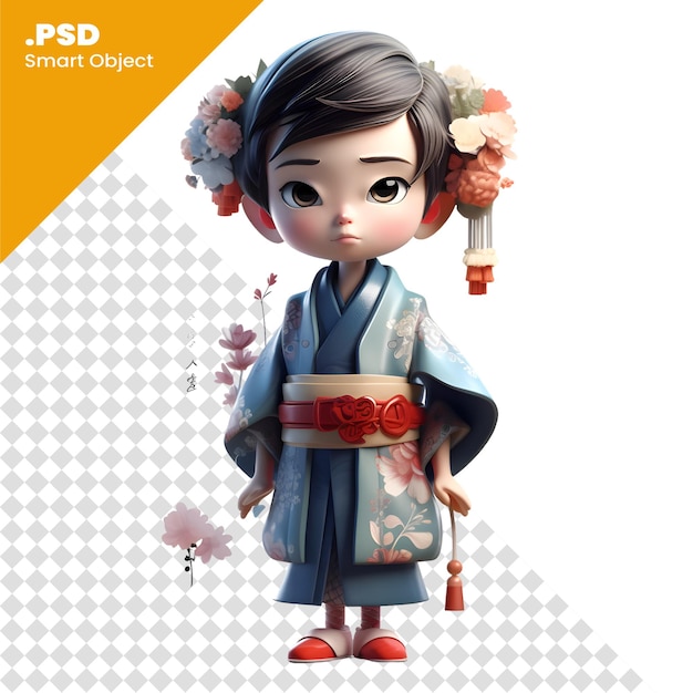 PSD 3d renderowanie słodkiej japońskiej dziewczyny w szablonie psd kimono