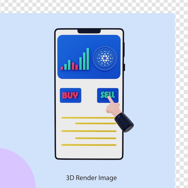 PSD 3d renderowanie sprzedaży monet kryptograficznych cardano za pomocą telefonu komórkowego