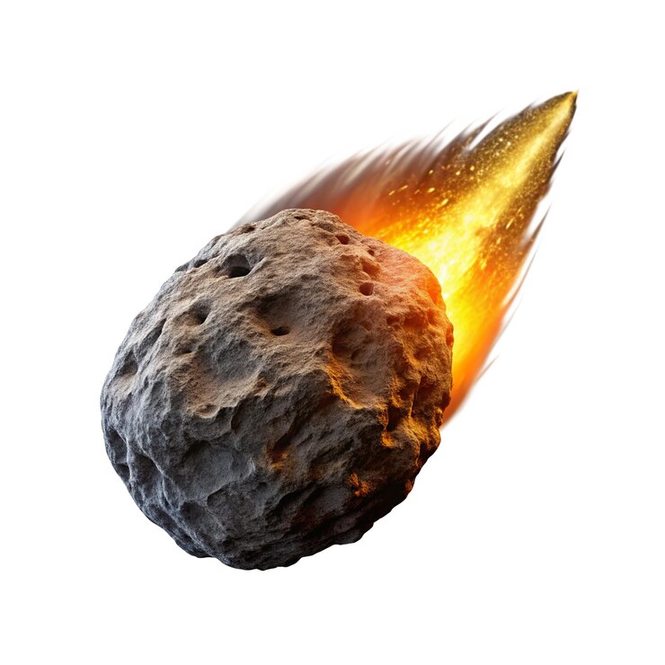 PSD 3d renderowany asteroida z realistyczną teksturą skały szczegółowe kratery i dynamiczny ognisty szlak