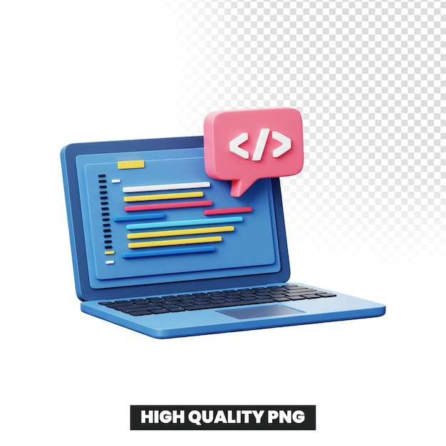 3D renderowany laptop z wyświetlaczem symbolu kodowania i kodu źródłowego