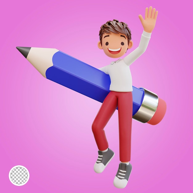3D renderowany uroczy student lata na ołówku