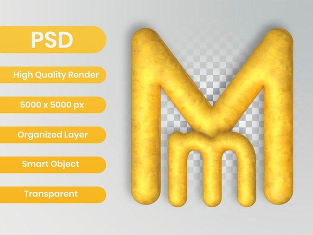 3d 렌더링 텍스처와 알파벳 황금 명품입니다. 편지 M 디자인