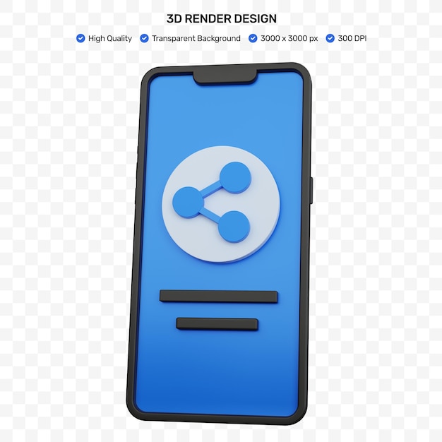PSD 3d renderujący czarny smartfon z odizolowaną ikoną udostępniania