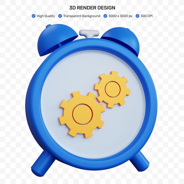 PSD 3d renderujący niebieski budzik z izolowanymi ustawieniami ikon