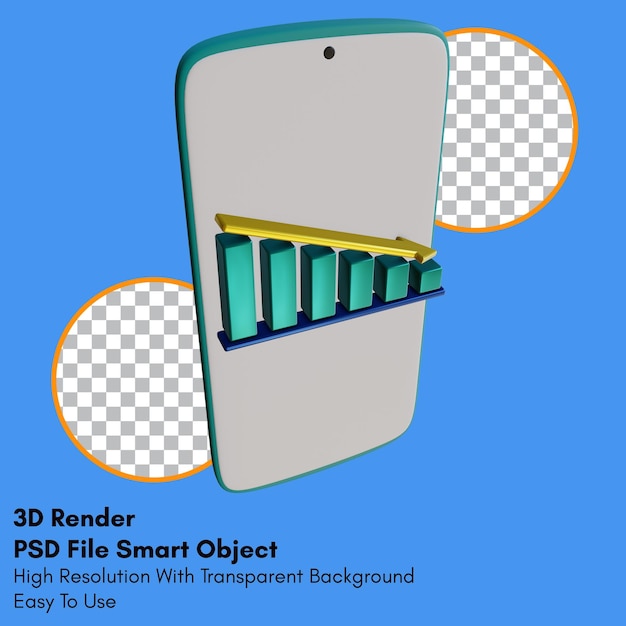 PSD 3d renderuje liniowy wykres na ikonie smartfona z przezroczystym tłem