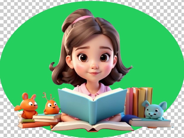 3d-рендеринг милой девушки из мультфильма читает книгу