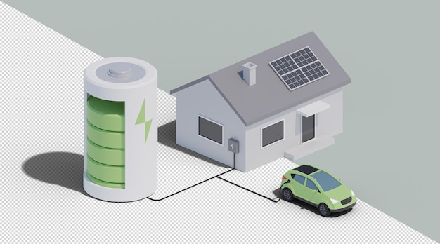 Alloggiamento 3d per fonti di energia rinnovabile con auto elettrica e pannelli solari isometrici