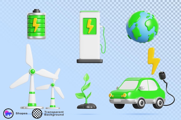 3d возобновляемая зеленая энергия набор EV зарядная станция электрический автомобиль ветряная турбина батарея земля планета и листья растений Защита окружающей среды устойчивое развитие экосохранение