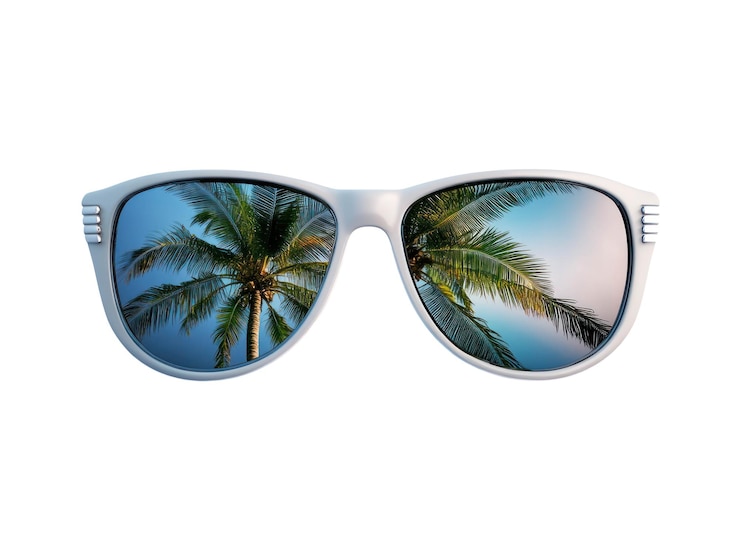 PSD 3d retro sunglasses with mirrored lenses reflecting palm trees transparent background png