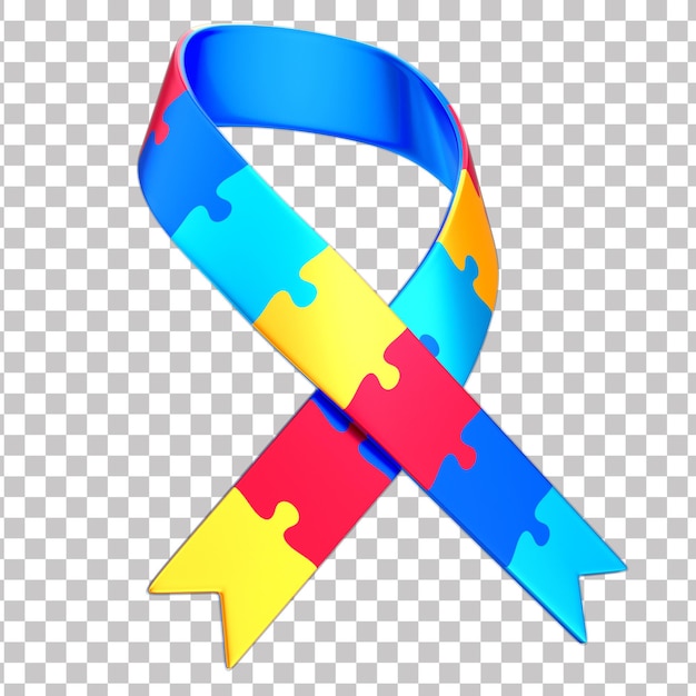 3d ribbon bow with puzzle piece for autism awareness campaign april blue transparent background