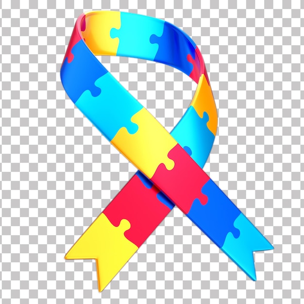 PSD 3d ribbon bow with puzzle piece for autism awareness campaign april blue transparent background