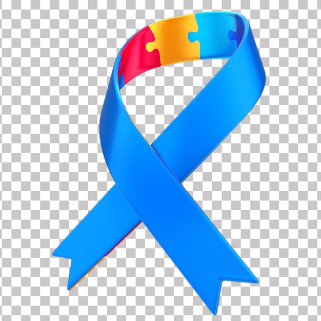 PSD 3d ribbon bow with puzzle piece for autism awareness campaign april blue transparent background