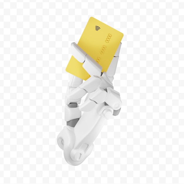 PSD la mano del robot 3d che tiene una carta di credito dell'oro ha isolato il rendering 3d