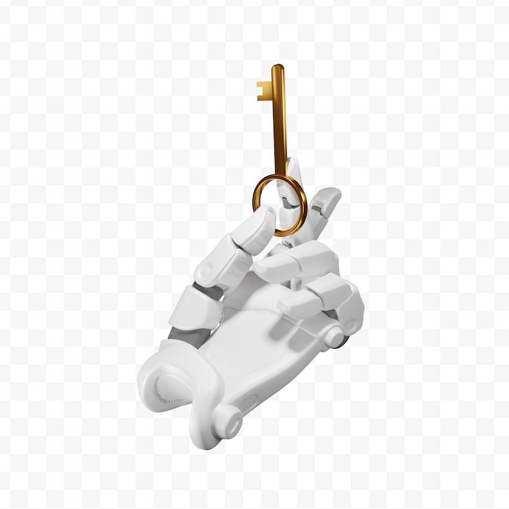 PSD 3d робот рука держит золотой ключ изолированные 3d рендеринг