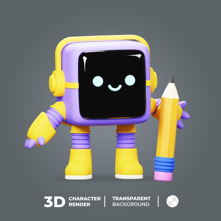 PSD 3d robot mascot with pencil