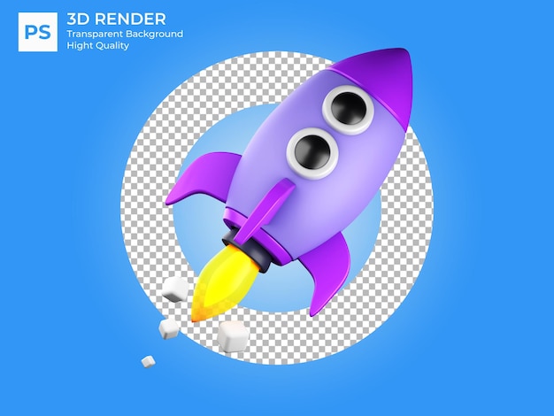 青い背景の3dロケット打ち上げ宇宙船アイコンスタートアップビジネスコンセプト3dレンダリング
