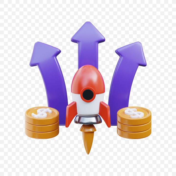 PSD 3d rocket with upward arrows and coins representing business growth success and financial progress
