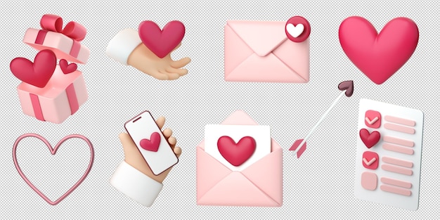 3d romantic collection icons set Hearts love letters and gifts