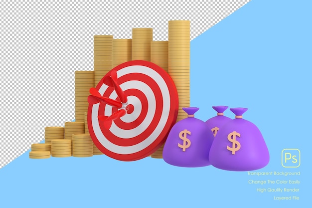 3D rood pijltjesdoel met een stapel geld en een zak geld financiële bedrijfsconceptxA