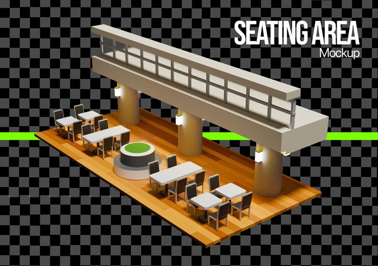 PSD 3d room layout for seating like food court complete with chair and desk