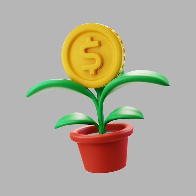 PSD 3d roślina doniczkowa w doniczce z monetą dolara