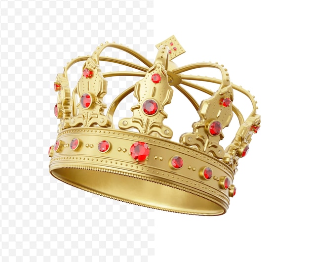 3d royal golden crown with glass diamonds on isolated background Textured king gold crown 3d render