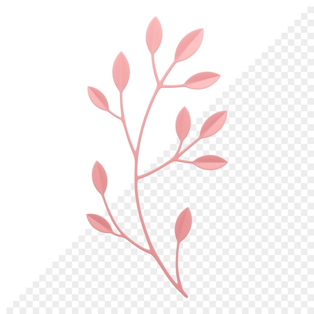 PSD 3d różowa gałązka drewniana łodyga z bujnymi liśćmi zakrzywiona ikona bukietu kwiatów realistyczna