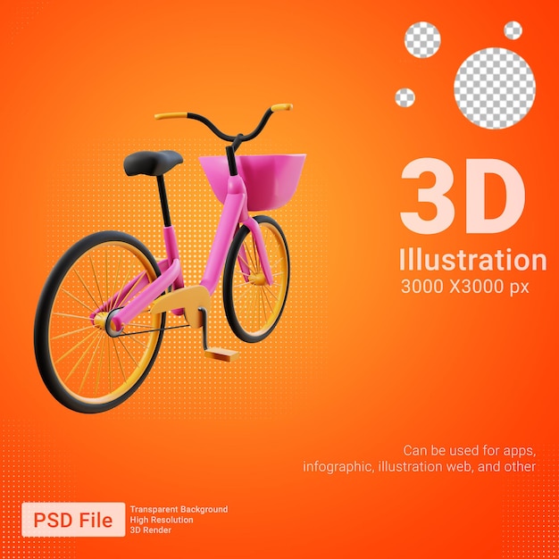 3d różowy żółty widok z tyłu roweru