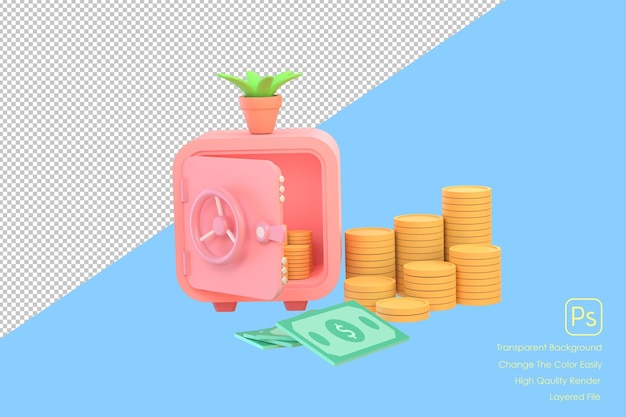 PSD 3d safe coins and banknotes for symbol business saving